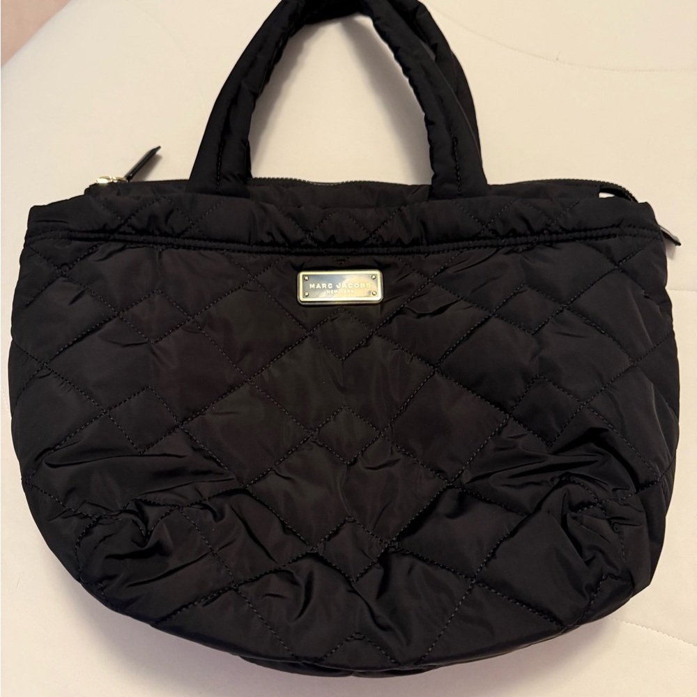 Marc Jacobs Black Quilted Nylon Tote Handbag with shiny gold hardware